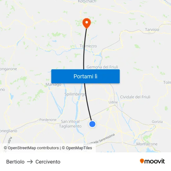Bertiolo to Cercivento map