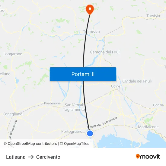 Latisana to Cercivento map