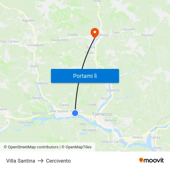 Villa Santina to Cercivento map
