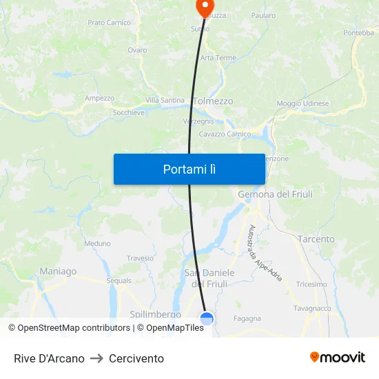 Rive D'Arcano to Cercivento map