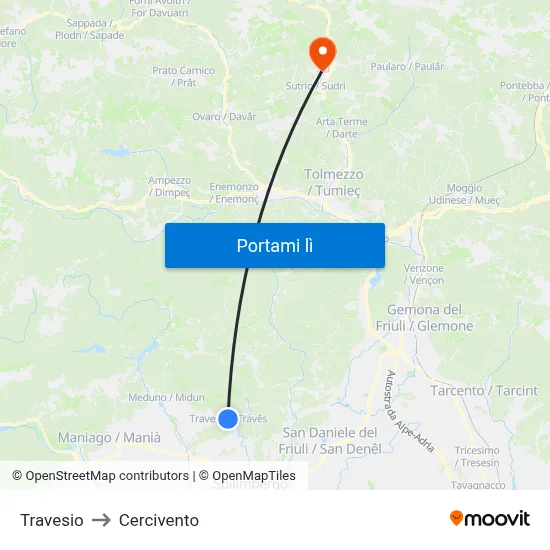 Travesio to Cercivento map
