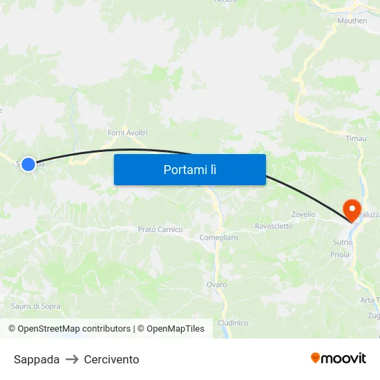 Sappada to Cercivento map