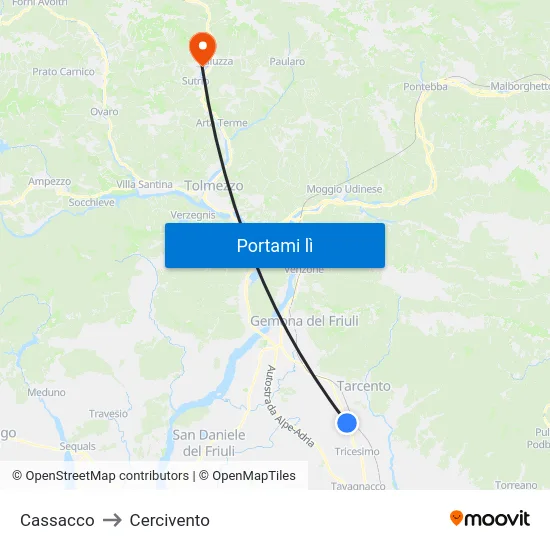 Cassacco to Cercivento map