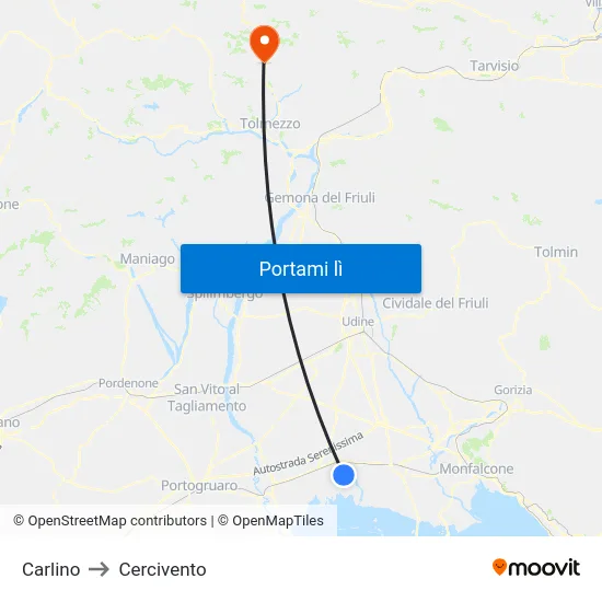 Carlino to Cercivento map