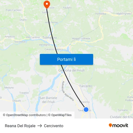 Reana Del Rojale to Cercivento map