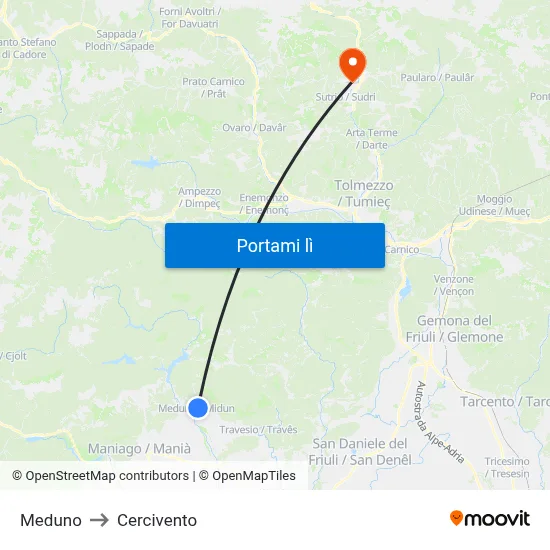Meduno to Cercivento map