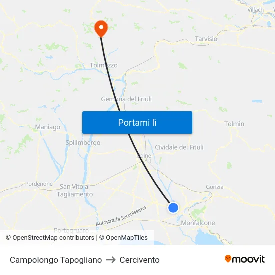 Campolongo Tapogliano to Cercivento map