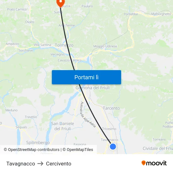 Tavagnacco to Cercivento map