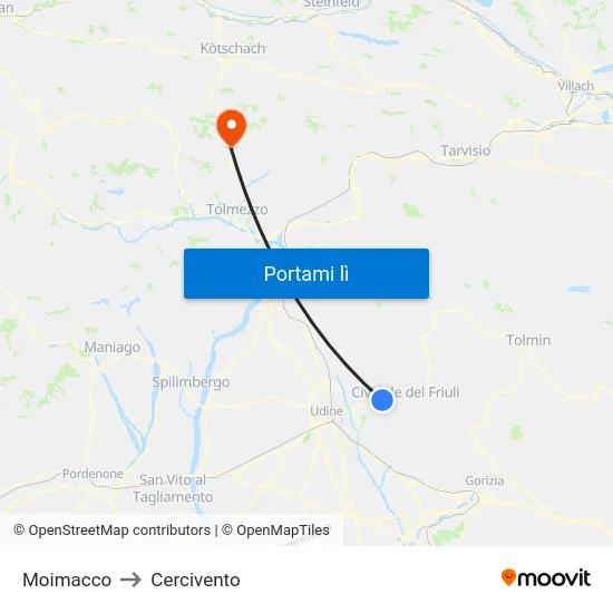 Moimacco to Cercivento map