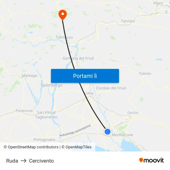 Ruda to Cercivento map
