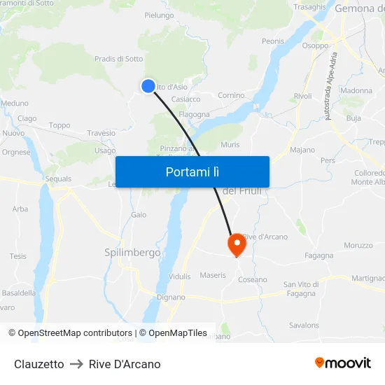 Clauzetto to Rive D'Arcano map