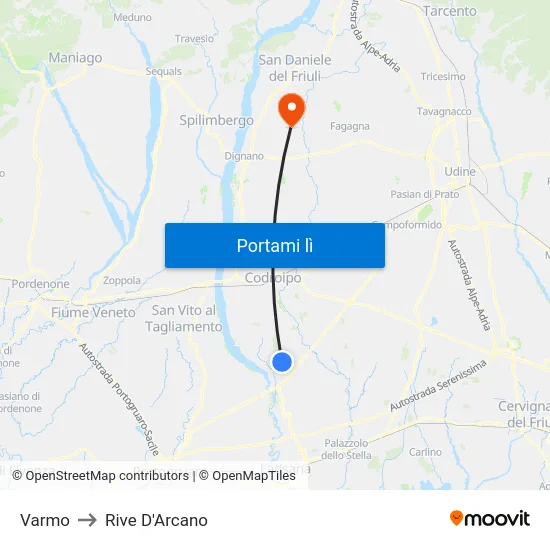 Varmo to Rive D'Arcano map
