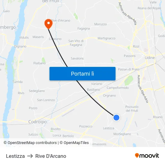 Lestizza to Rive D'Arcano map