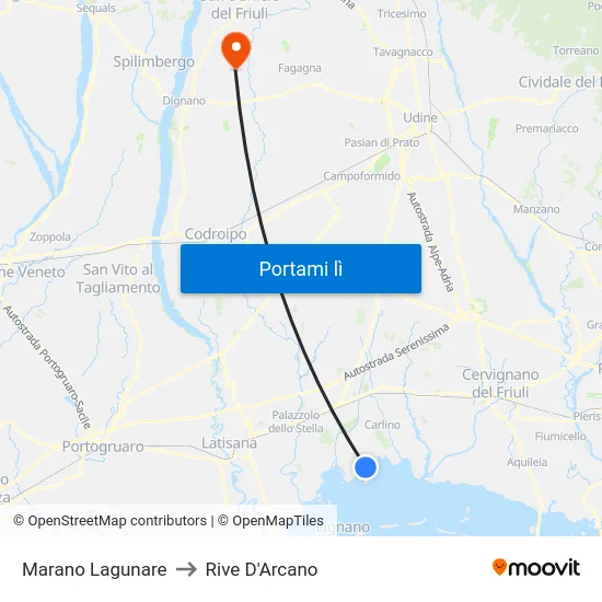 Marano Lagunare to Rive D'Arcano map