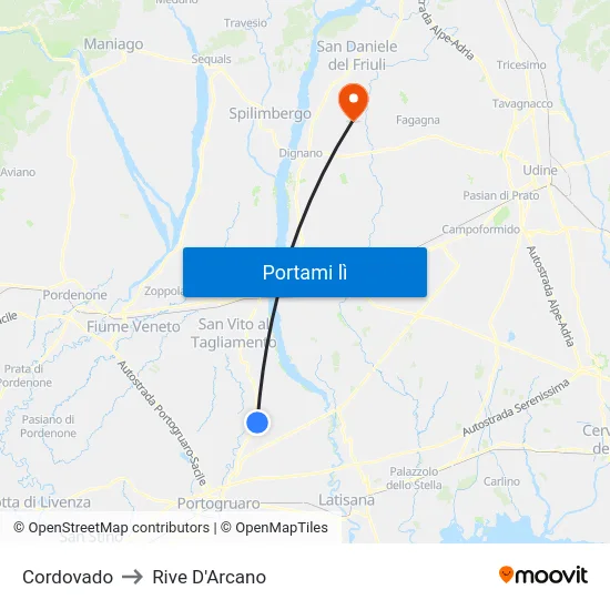 Cordovado to Rive D'Arcano map