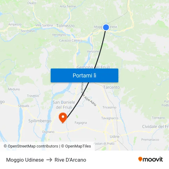 Moggio Udinese to Rive D'Arcano map