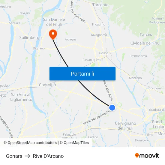 Gonars to Rive D'Arcano map