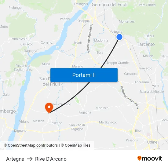 Artegna to Rive D'Arcano map