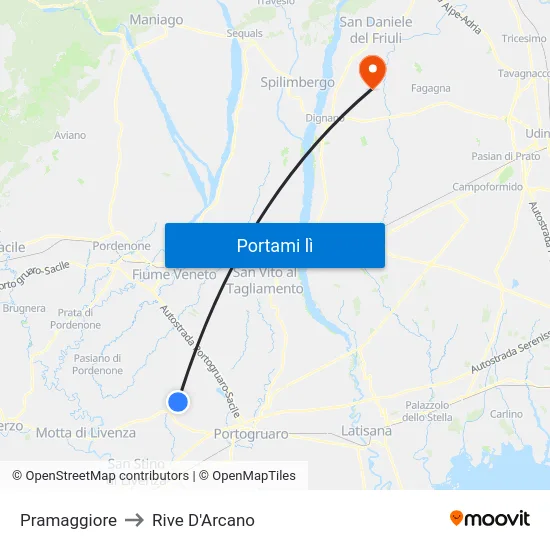 Pramaggiore to Rive D'Arcano map