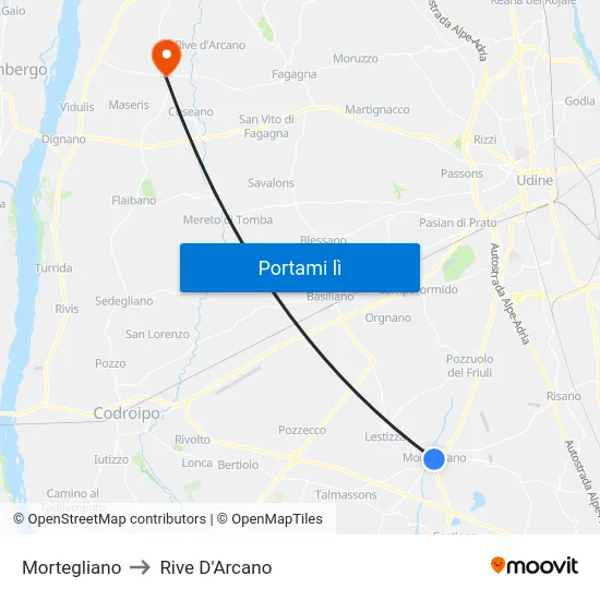 Mortegliano to Rive D'Arcano map