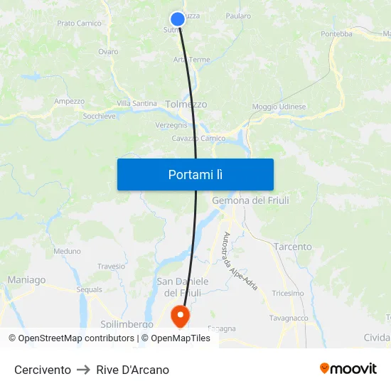Cercivento to Rive D'Arcano map