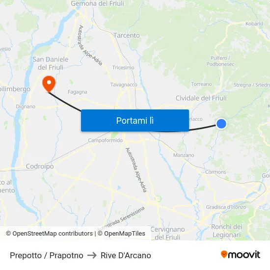 Prepotto / Prapotno to Rive D'Arcano map