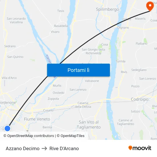 Azzano Decimo to Rive D'Arcano map