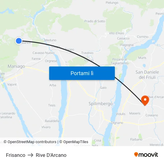 Frisanco to Rive D'Arcano map