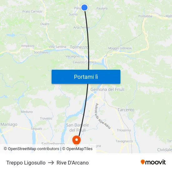Treppo Ligosullo to Rive D'Arcano map