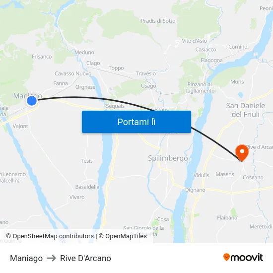 Maniago to Rive D'Arcano map