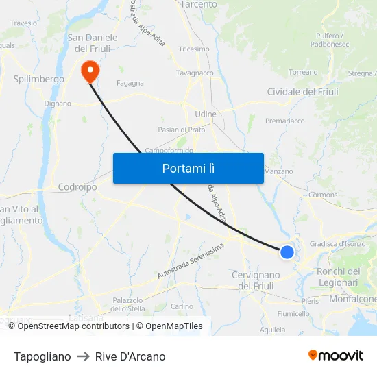Tapogliano to Rive D'Arcano map