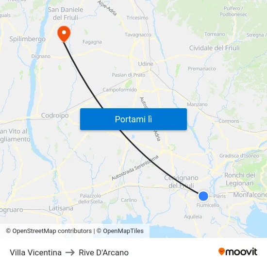 Villa Vicentina to Rive D'Arcano map