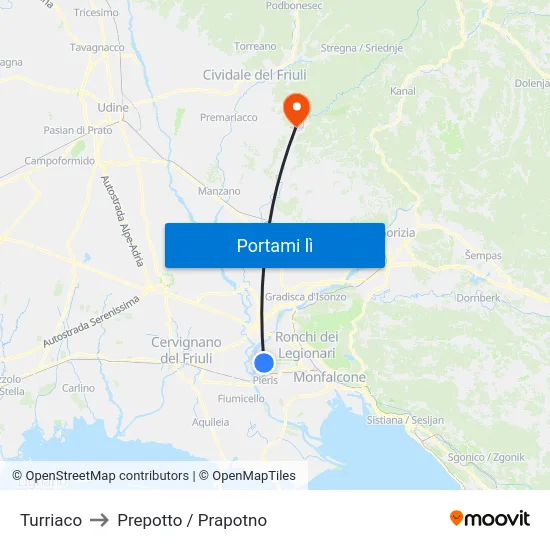 Turriaco to Prepotto / Prapotno map
