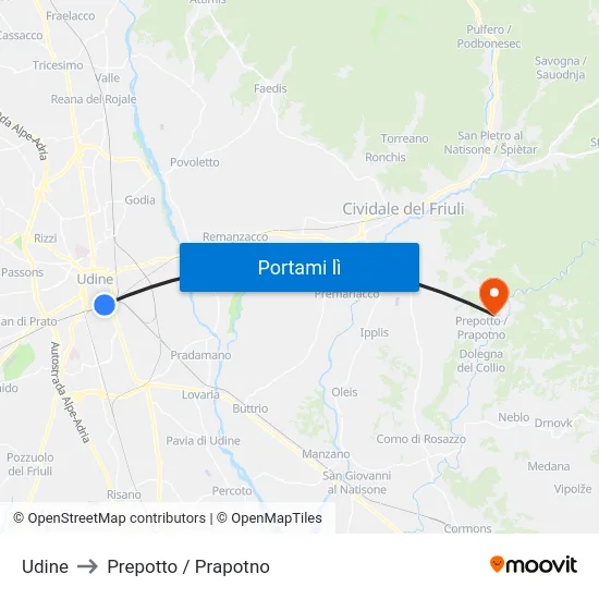 Udine to Prepotto / Prapotno map