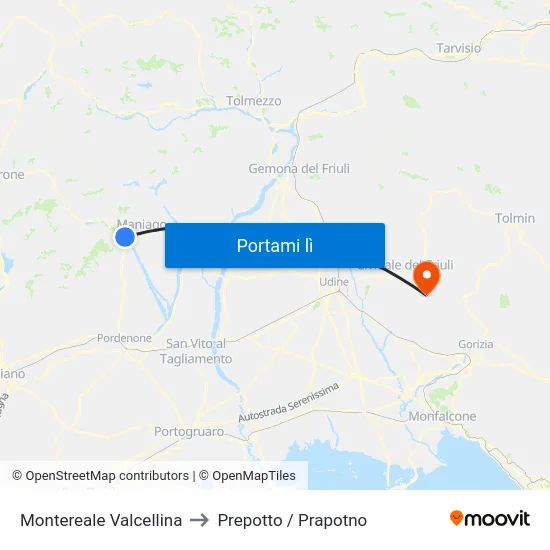 Montereale Valcellina to Prepotto / Prapotno map