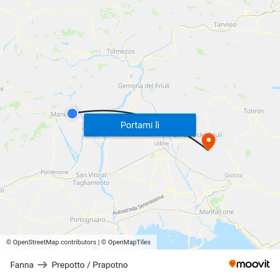 Fanna to Prepotto / Prapotno map