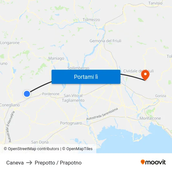 Caneva to Prepotto / Prapotno map