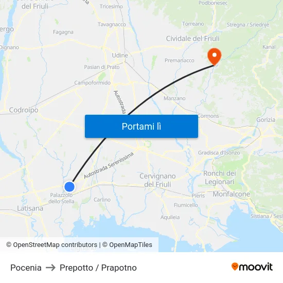 Pocenia to Prepotto / Prapotno map