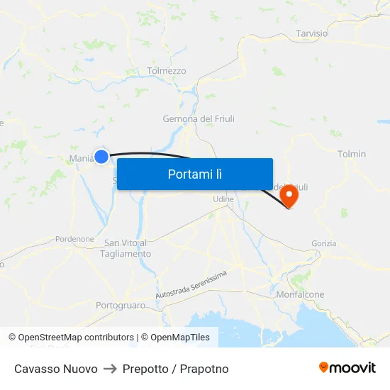 Cavasso Nuovo to Prepotto / Prapotno map