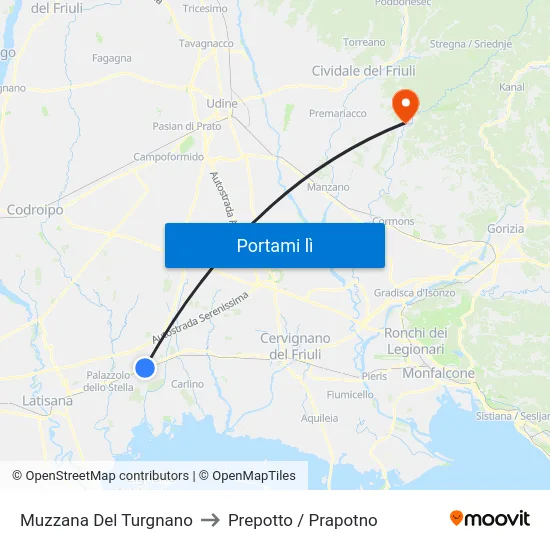 Muzzana Del Turgnano to Prepotto / Prapotno map