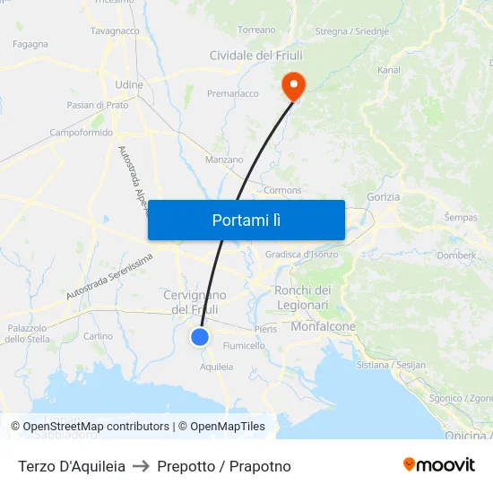 Terzo D'Aquileia to Prepotto / Prapotno map