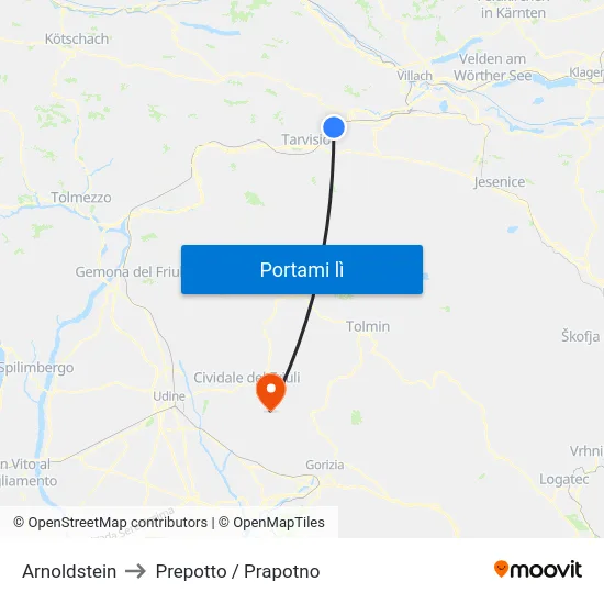 Arnoldstein to Prepotto / Prapotno map
