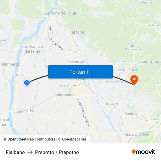 Flaibano to Prepotto / Prapotno map