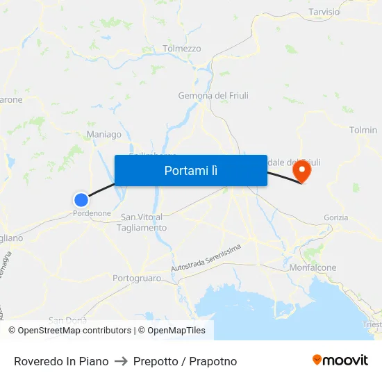 Roveredo In Piano to Prepotto / Prapotno map