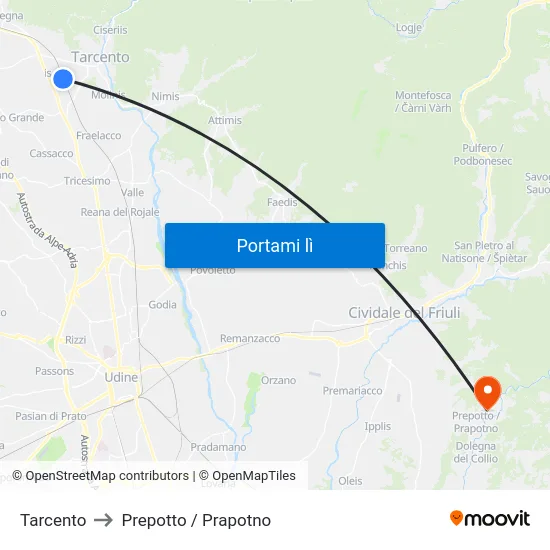 Tarcento to Prepotto / Prapotno map