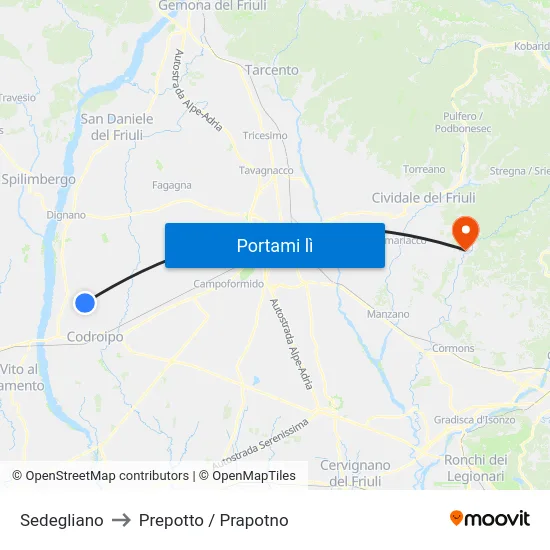 Sedegliano to Prepotto / Prapotno map
