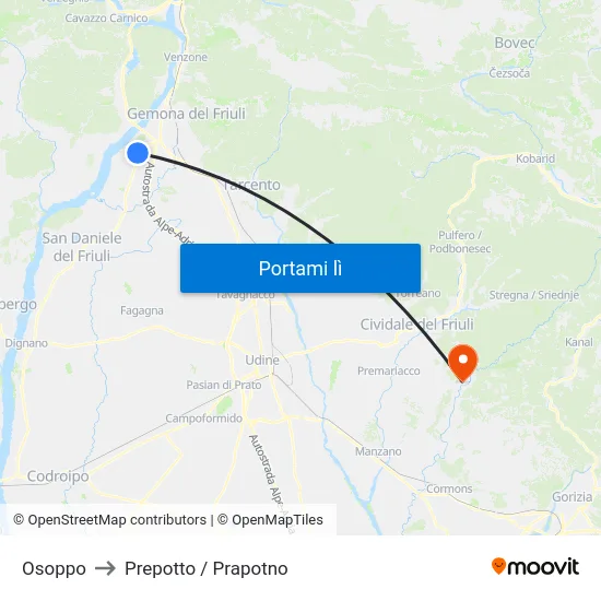 Osoppo to Prepotto / Prapotno map