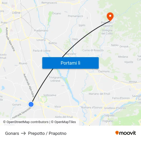 Gonars to Prepotto / Prapotno map