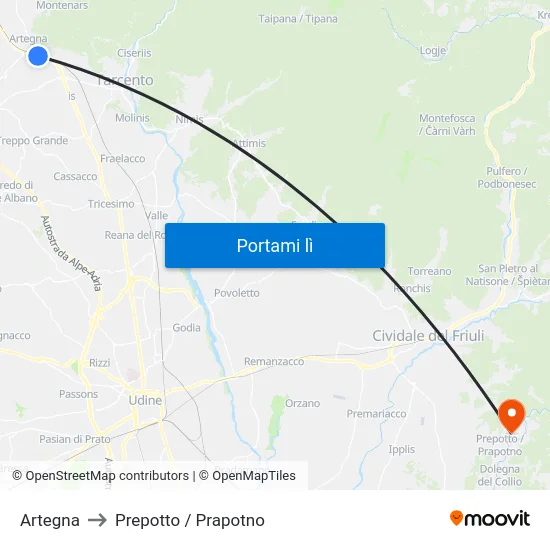 Artegna to Prepotto / Prapotno map