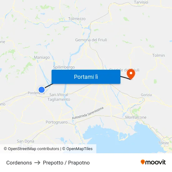 Cordenons to Prepotto / Prapotno map